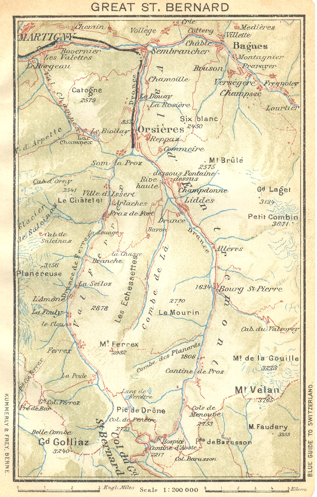SWITZERLAND. Great St Bernard 1930 old vintage map plan chart